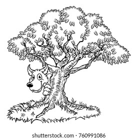 A fairytale big bad wolf cartoon character werewolf peeking from around tree 