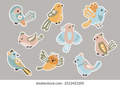 Fairytale birds sticker set. Magic birds.