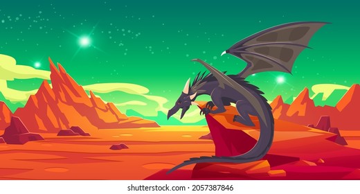 El cuento del dragón negro sobre el precipicio en las montañas. Dibujo vectorial de fantasía ilustración de la fantasía mágica espeluznante con alas y paisaje desierto rojo con rocas por la noche