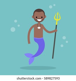 Fairytale black merman holding a trident / flat editable vector illustration, clip art