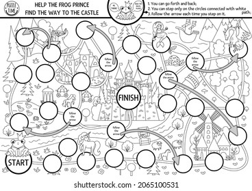 Fairytale black and white dice board game with medieval village map. Magic kingdom line boardgame.  Fairy tale activity, printable worksheet for kids. Coloring page with frog prince, castle
