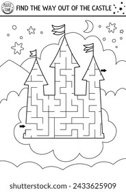 Laberinto geométrico blanco y negro de cuento de hadas para niños. Actividad imprimible en línea preescolar en forma de castillo de unicornio en la nube con cielo, estrellas, luna. Juego de laberinto de magia o fantasía puzzle, página para colorear
