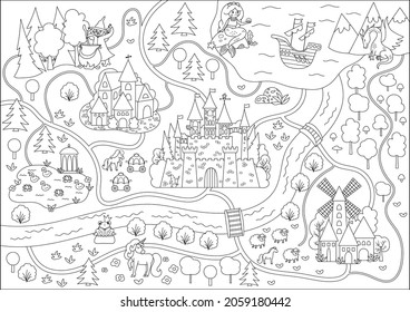 Fairytale black and white kingdom map. Medieval village line background. Vector fairy tale castle infographic elements with sea, mountains, forest, ship. Fantasy town coloring page
