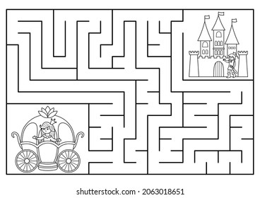 Fairytale black and white maze for kids with fantasy characters. Magic kingdom preschool printable activity with carriage, castle. Geometric labyrinth game, coloring page with princess, prince
