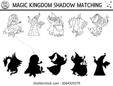 Fairytale black and white shadow matching activity with mermaid, dragon, fairy. Magic kingdom puzzle. Find correct silhouette printable worksheet or game. Fairy tale coloring page for kids
