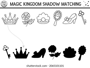 Fairytale black and white shadow matching activity with crown, mirror, shoe. Magic kingdom puzzle. Find correct silhouette printable worksheet or game. Fairy tale coloring page for kids
