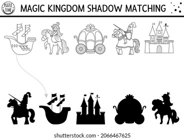 Fairytale Black And White Shadow Matching Activity With Castle, Princess, Knight. Magic Kingdom Puzzle. Find Correct Silhouette Printable Worksheet. Fairy Tale Coloring Page For Kids
