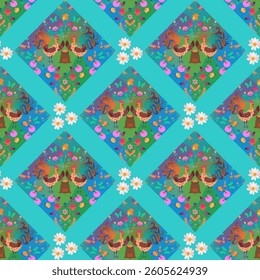 Fairytale blanket print with roosters in the garden. Seamless patchwork pattern for kids with cartoon characters. Year of the Rooster.