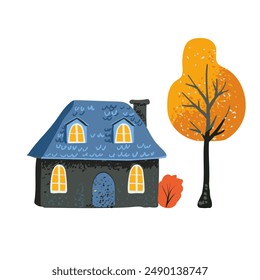 Fairytale blue house with a tiled roof in a simple minimalist style, yellow wood on a white backdrop. Postcard and poster. Packaging paper and textiles