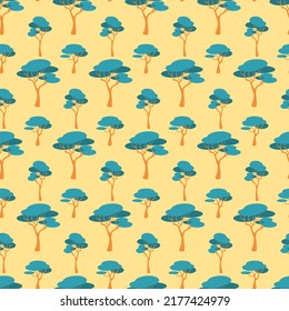 Fairytale blue yellow green forest seamless pattern bright contrasting scrapbook background deciduous tree