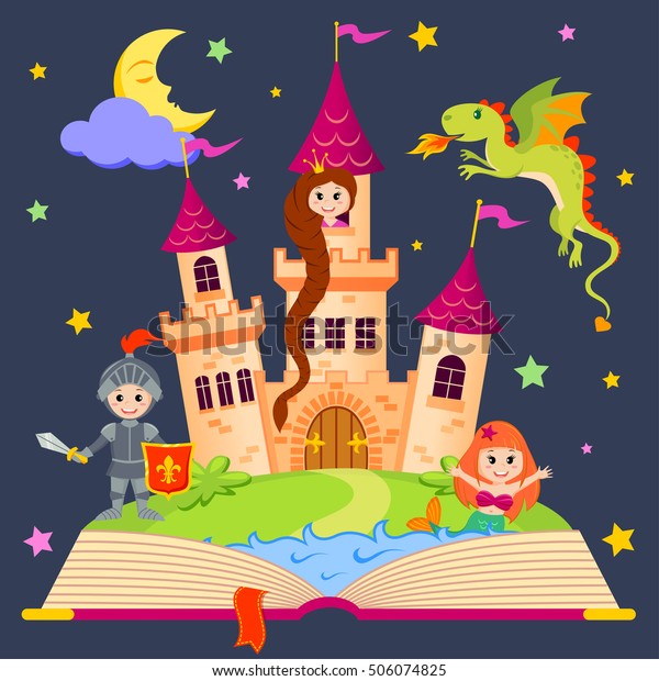 Disney castle, princess, knight, mermaid, and dragon.