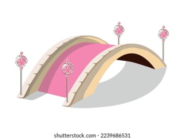 Fairytale bridge of the beautiful princess. The pink bridge is decorated with openwork lanterns on a white background. Vector illustration for a fairy tale.