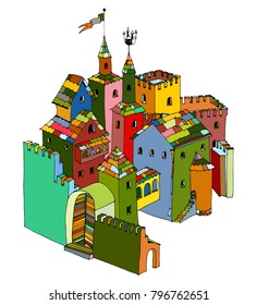 Fairy-tale bright creative castle on white background. Vector illustration.