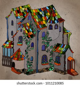 Fairy-tale bright creative house with plants. Vintage style, textured color vector illustration.