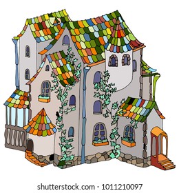 Fairy-tale bright creative house with plants on white background. Vector illustration.