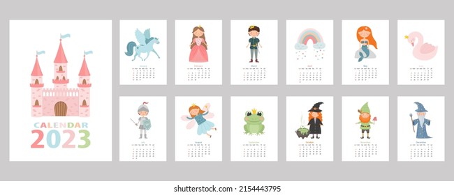 Fairytale Calendar for 2023, with cartoon characters, princess, prince, fairy, pegasus, stargazer, swan, knight, witch, mermaid, gnome, castle.