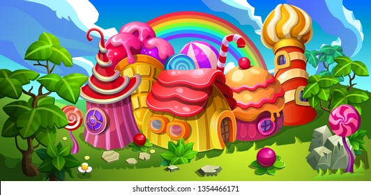 A fairytale candy town. Colorful houses made of candy, lollipop, cake and marmalade. Background panorama for cartoon.