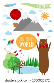Fairytale card with bear, mountains, lake