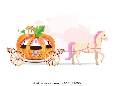 A fairytale carriage made of a pumpkin decorated with heart-shaped jewels and drawn by a white horse with a pink mane. Fairy tale vector illustration on abstract pink background.