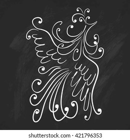 Fairytale cartoon bird (Russian Firebird) in white outline style on black grunge background. You mat to use for logotype, kids books, shirt design
