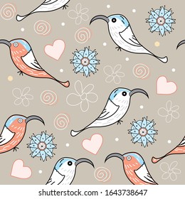 Fairytale cartoon birds. Seamless pattern with fantastic animals silhouettes. Vector flat image.