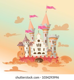 FairyTale cartoon castle. Cute cartoon castle. Fantasy flying island with fairy tale palace in clouds. Vector illustration.