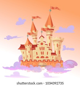 FairyTale cartoon castle. Cute cartoon castle. Fantasy flying island with fairy tale palace in clouds. Vector illustration