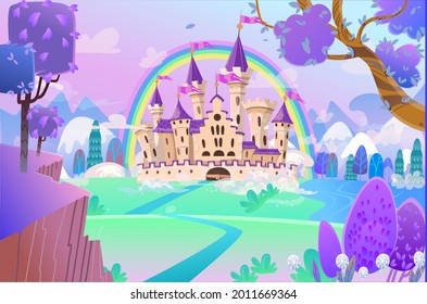 FairyTale cartoon castle. Cute cartoon castle. Fantasy fairy tale palace with rainbow. Vector illustration