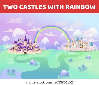 FairyTale cartoon castle. Cute cartoon castle. Fantasy fairy tale palace with rainbow. Vector illustration.