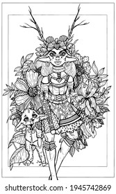 Fairytale Cartoon Character, Girl In Dress With A Fluffy Skirt, With Long Horns, Big Ears And Round Earrings, Stand In Vegetation And Flowers With Little Funny Goat In A Shirt With Bow-knot On Neck.