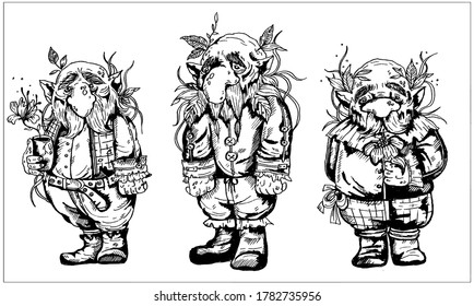 Fairytale cartoon characters, three kind, friendly forest gnome with big noses, from moustache and beard, with small pointed ears, with leaves and magic plants, in trousers and shirt and vest. Set.
