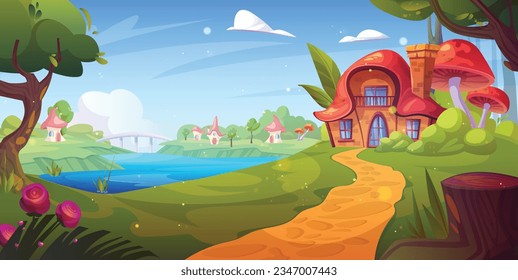 Fairytale cartoon fantasy brick house in forest vector. Magic fairy tale village with home building near tree and river water. Walk road to wooden elf residence in green nature countryside background