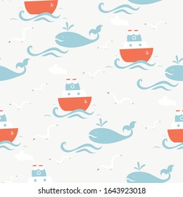 Fairytale cartoon fish whales with boats and seagulls. Seamless pattern with silhouettes of fantastic animals, birds. Vector flat image.