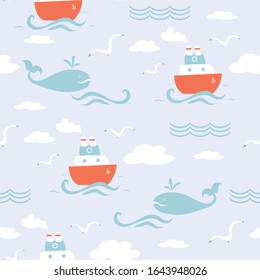 Fairytale cartoon fish whales with boats and seagulls. Seamless pattern with silhouettes of fantastic animals, birds. Vector flat image.