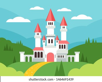 Fairytale cartoon flat landscape with castle. Cute fantasy palace with towers, fantasy fairy house. Old medieval stone magic knight castle building vector illustration.