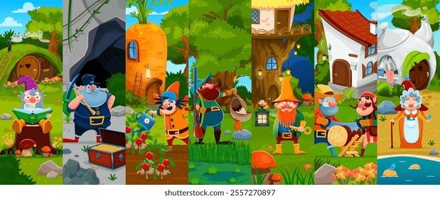 Fairytale cartoon gnome and dwarf characters collage, vector background. Fairy tale gnome village collage with funny dwarf workers characters, gardener or farmer, miner and hunter or woodworker