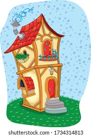 Fairytale cartoon house with a red roof stands near the apple tree