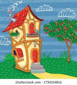 Fairytale cartoon house with a red roof stands near the apple tree