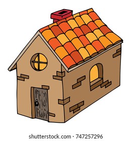 Fairy-tale, cartoon house. Vector illustration of a rustic house. Hand drawn house with wooden door and the round window. 