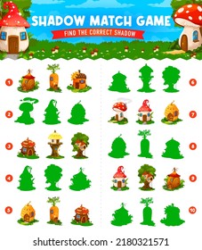 Fairytale cartoon houses on shadow match game worksheet. Child quiz, kindergarten kids intelligence playing activity or children vector puzzle with find shadow task and fantasy creatures homes