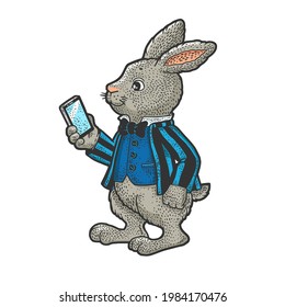 fairytale cartoon rabbit with smartphone color line art sketch engraving vector illustration. T-shirt apparel print design. Scratch board imitation. Black and white hand drawn image.