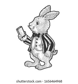 fairytale cartoon rabbit with smartphone sketch engraving vector illustration. T-shirt apparel print design. Scratch board imitation. Black and white hand drawn image.