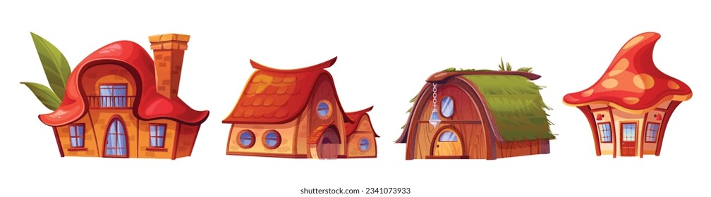 Fairytale cartoon vector fantasy house building set. Cute magic mushroom home icon illustration. Isolated fairy tale little wooden cottage or shop exterior. Elf and gnome residence collection svg