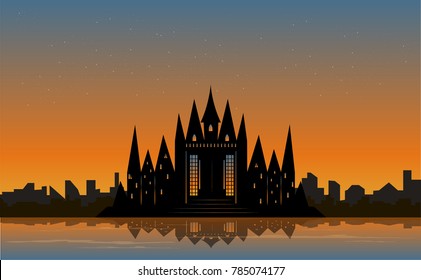 fairytale caste, sunset glow in the sky vector illustration