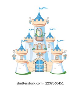 Fairytale castle of beautiful princess. Castle with blue gem hearts, roofs, towers and gates on a white background. Vector illustration for a fairy tale.