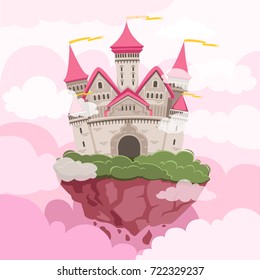 Fairytale castle with big towers in the sky. Fantasy landscape background. Fantasy castle with tower in sky and pink clouds. Vector illustration