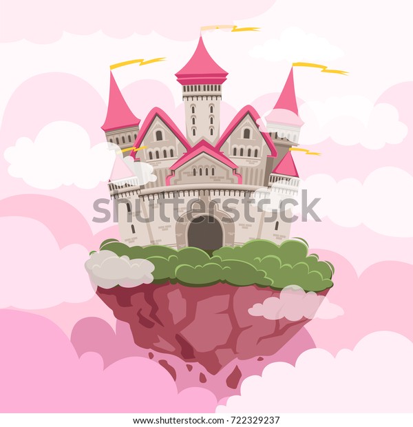 空に大きな塔を持つおとぎ話の城 ファンタジー風景の背景 空に塔とピンクの雲を持つ幻想の城 ベクターイラスト のベクター画像素材 ロイヤリティフリー