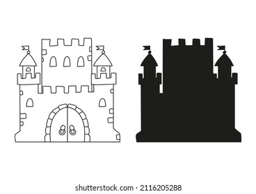 Fairytale castle. Black silhouette. Design element. Vector illustration isolated on white background. Template for books, stickers, posters, cards, clothes.