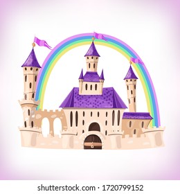 FairyTale castle. Cartoon castle. Fantasy fairy tale palace with rainbow. Vector illustration.