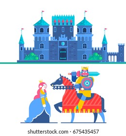 Fairytale castle. Characters Prince and Knight. Flat Vector Illustrations